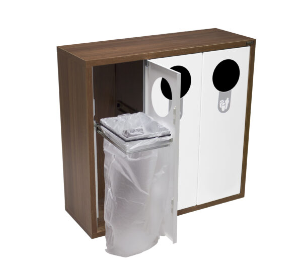 Helsinki Bin, interior rectangular bin unit with front 3 opening holes with dark wood trim and interior bin liner showing