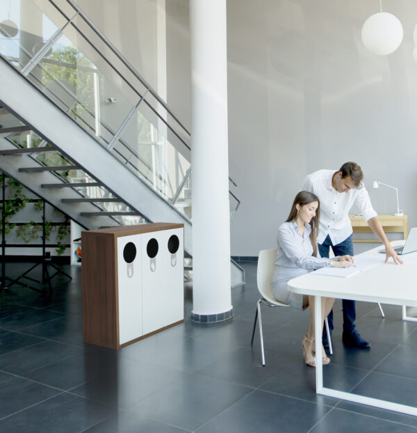 Helsinki Bin, interior rectangular bin unit with front 3 opening holes with dark wood trim in an office